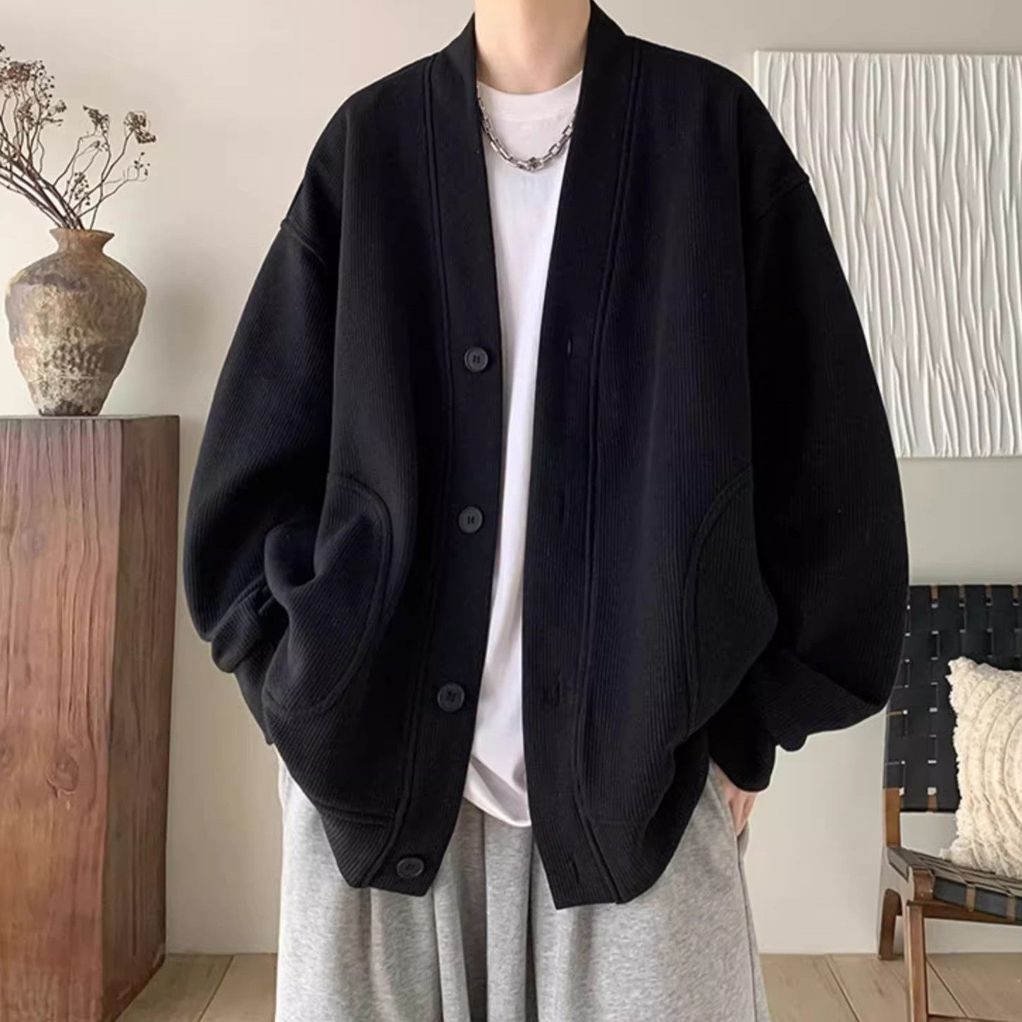 纯黑色日系慵懒风外套男潮高级感华夫格V领针织开衫情侣春秋夹克