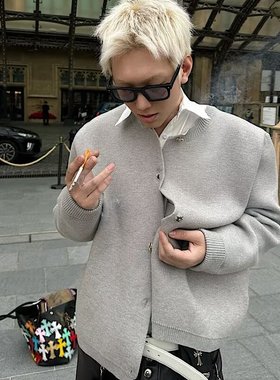 日系复古灰色纽扣针织衫开衫男生简约休闲百搭格雷系叠穿毛衣外套