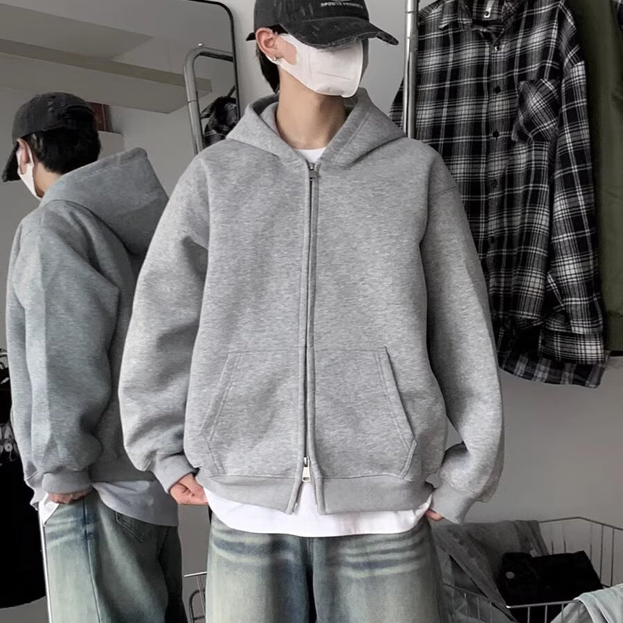 浅灰色美式重磅连帽开衫卫衣男款