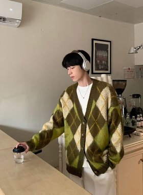 美式复古V领绿色菱格撞色毛衣开衫ce外套男高级感cleanfit针织衫