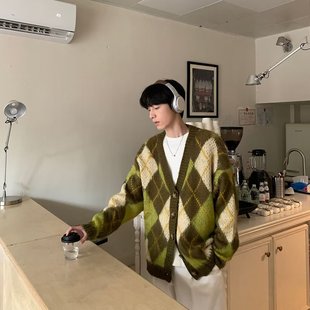 ce外套男高级感cleanfit针织衫 美式 复古V领绿色菱格撞色毛衣开衫