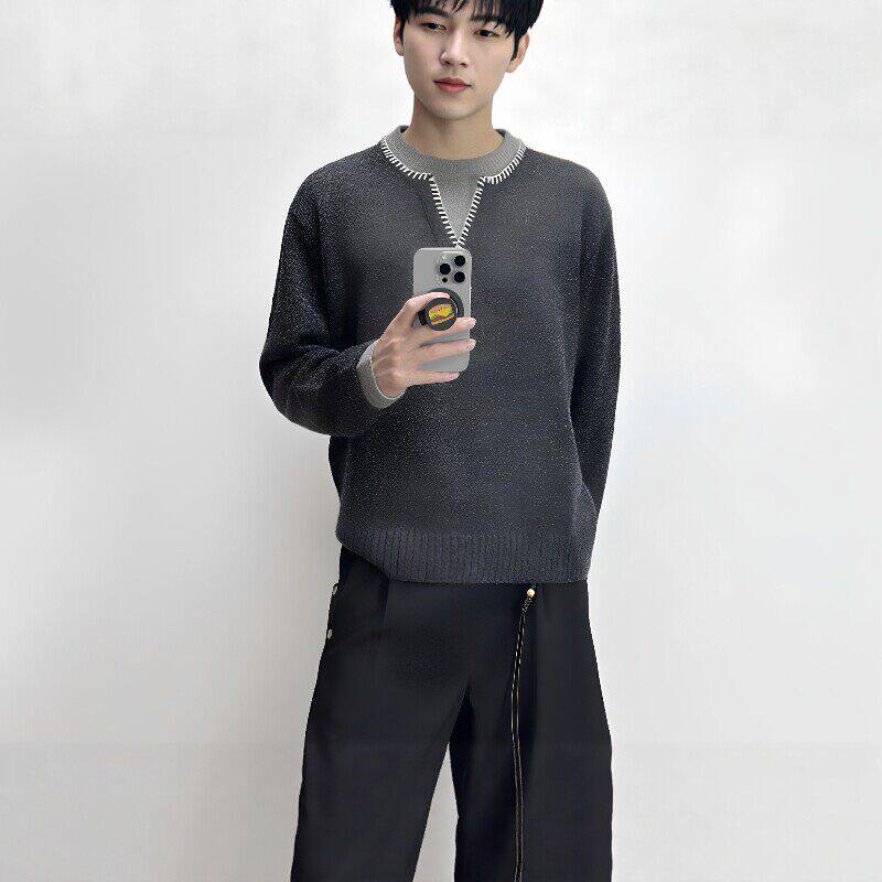 假两件手缝线V领针织衫男女秋冬