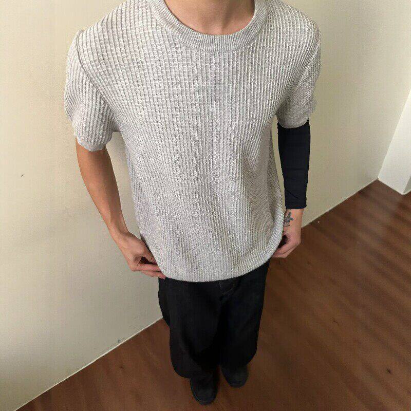 夏季薄款针织短袖男华夫格肌理圆领T恤宽松休闲百搭上衣