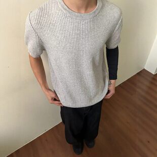 夏季薄款针织短袖男华夫格肌理圆领T恤宽松休闲百搭上衣