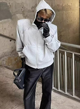 灰色短款外套男秋冬季立体解构廓形连帽夹克高级感重磅开衫卫衣潮