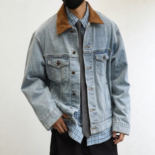 秋季新款美式复古做旧水洗牛仔外套男生时尚高级感撞色夹克男士潮