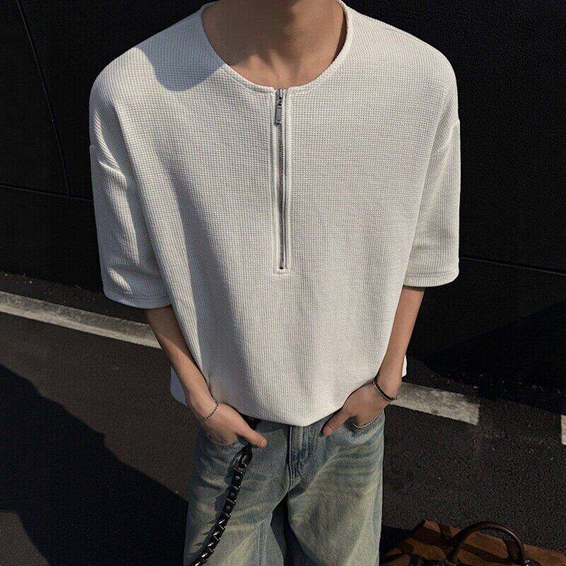 半拉链华夫格短袖T恤男夏季美式高级感痞帅宽松休闲重磅半袖衣服