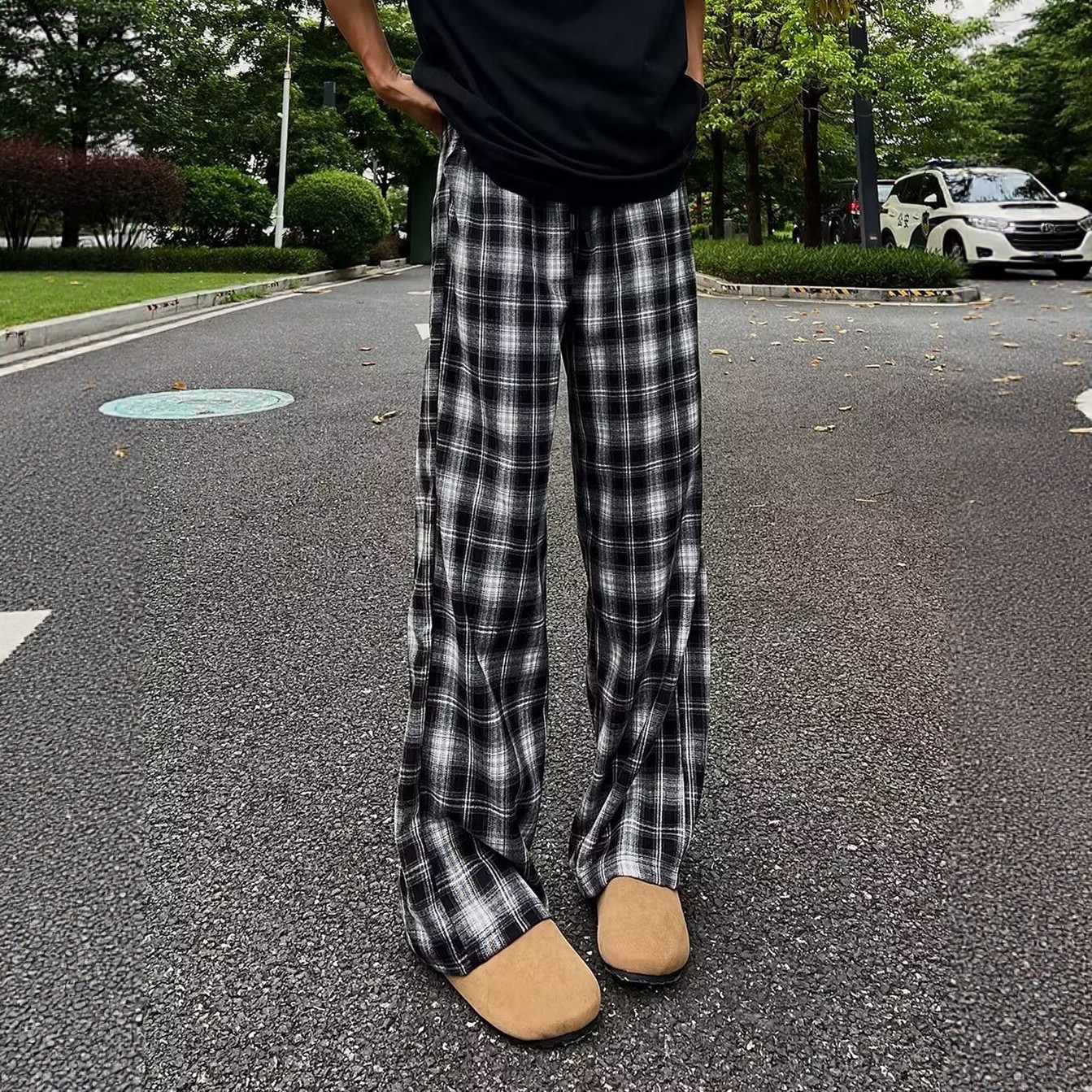 cleanfit黑白格子裤男款初秋穿搭
