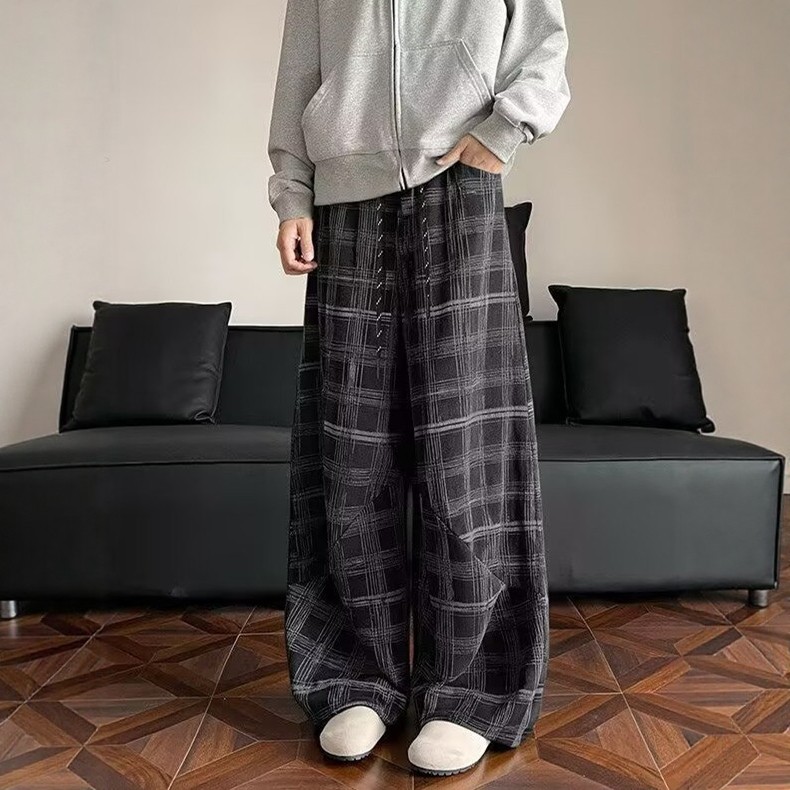 美式垂感慵懒松弛感裤子男款重磅格纹baggy阔腿裤直筒宽松休闲裤