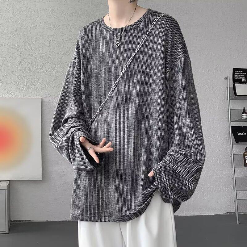 深灰色提花重磅肌理感长袖t恤男款高级感痞帅圆领卫衣内搭打底衫