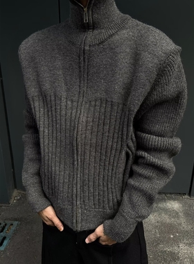 深灰色高领毛衣开衫男款秋季慵懒高级感针织衫美式双拉链正肩外套
