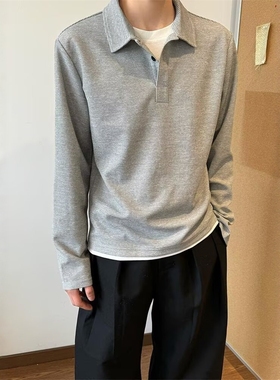 花灰色华夫格亨利领长袖t恤男夏季美式翻领Polo衫高级感重磅卫衣