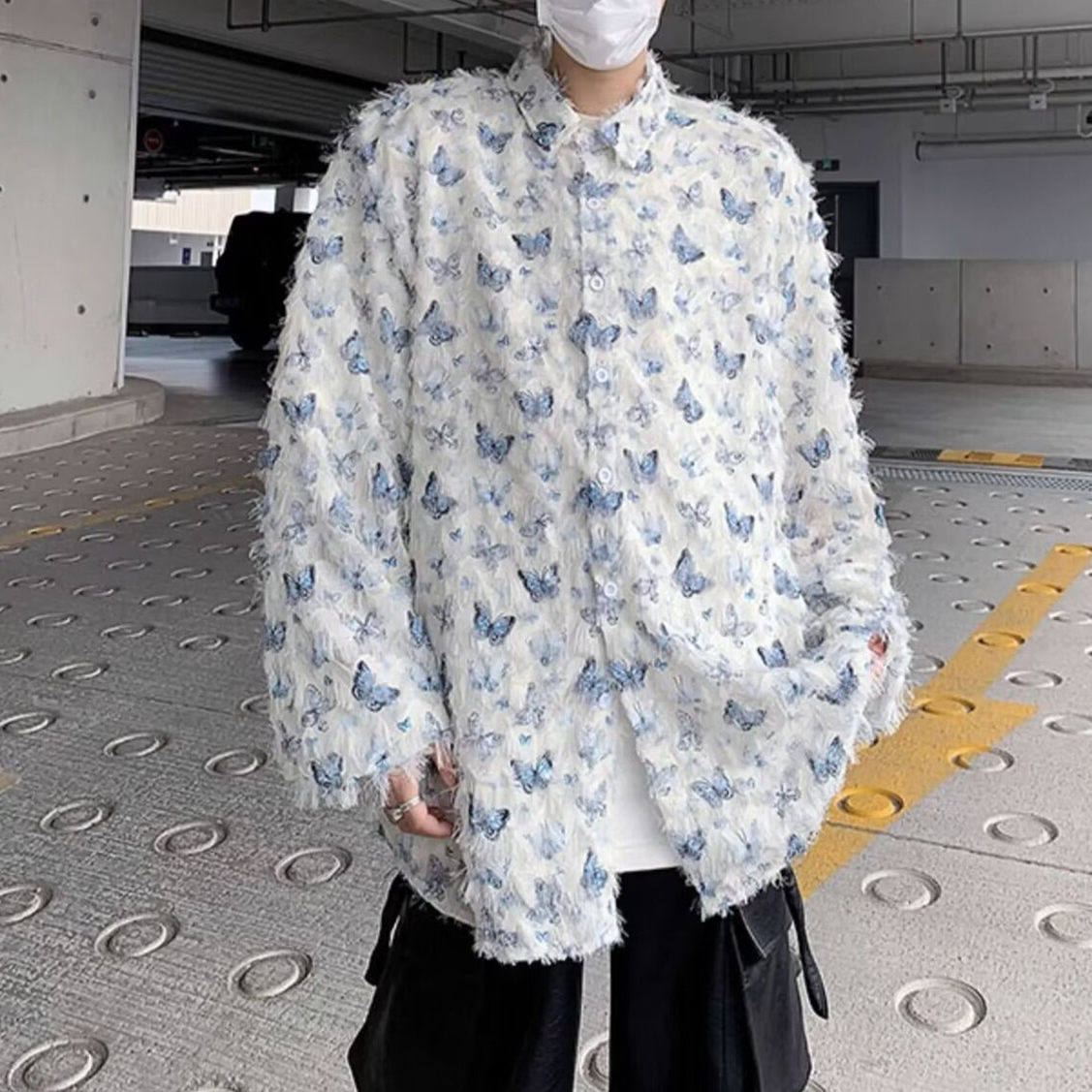 蓝色蝴蝶镂空流苏衬衫男夏季轻薄