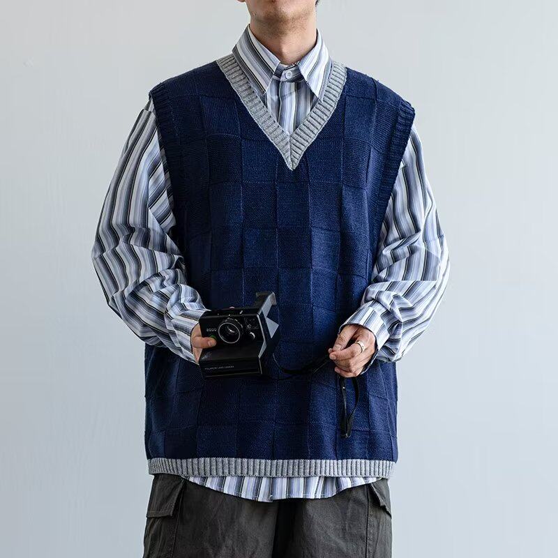 日系V领复古格子针织衫马甲男女无袖毛衣背心学院风宽松百搭坎肩
