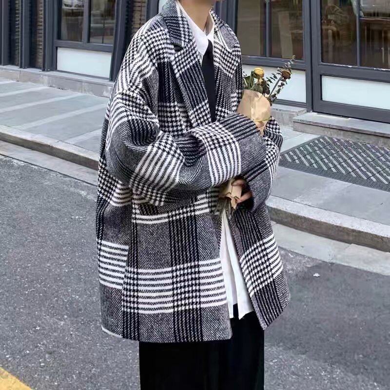 韩版格子毛呢大衣男秋冬季潮流中长款风衣复古休闲西装领呢子外套