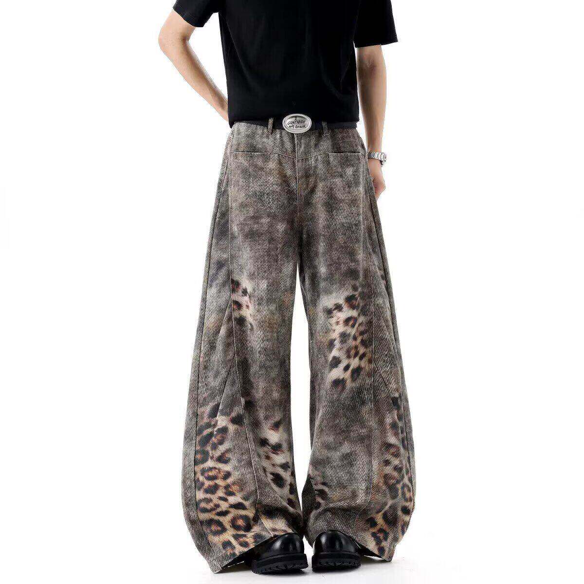 拼接豹纹牛仔裤女男夏高街潮牌