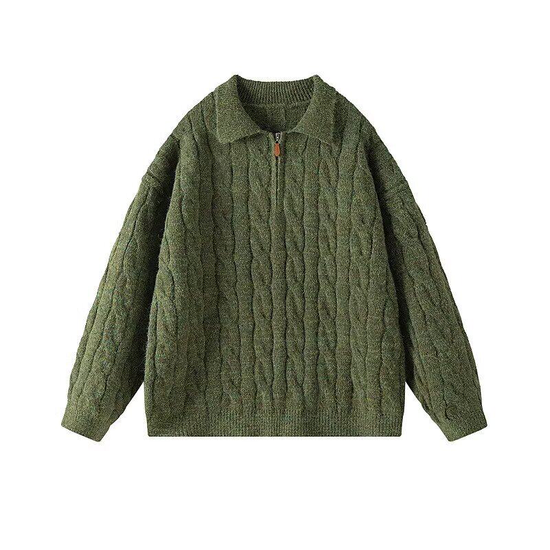 Polo领绞花毛衣男款秋冬季重磅复古保暖针织衫翻领半拉链打底线衣