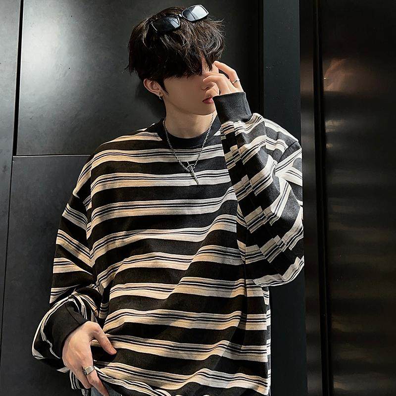 黑色条纹长袖t恤男慵懒松弛感韩系氛围感穿搭上衣宽松圆领卫衣潮