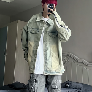 美式高街vibe水洗做旧翻领牛仔夹克男女宽松FOG复古潮牌拉链外套