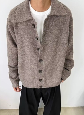 灰色立领针织开衫男款秋冬穿搭美式潮牌宽松慵懒风高级感毛衣外套