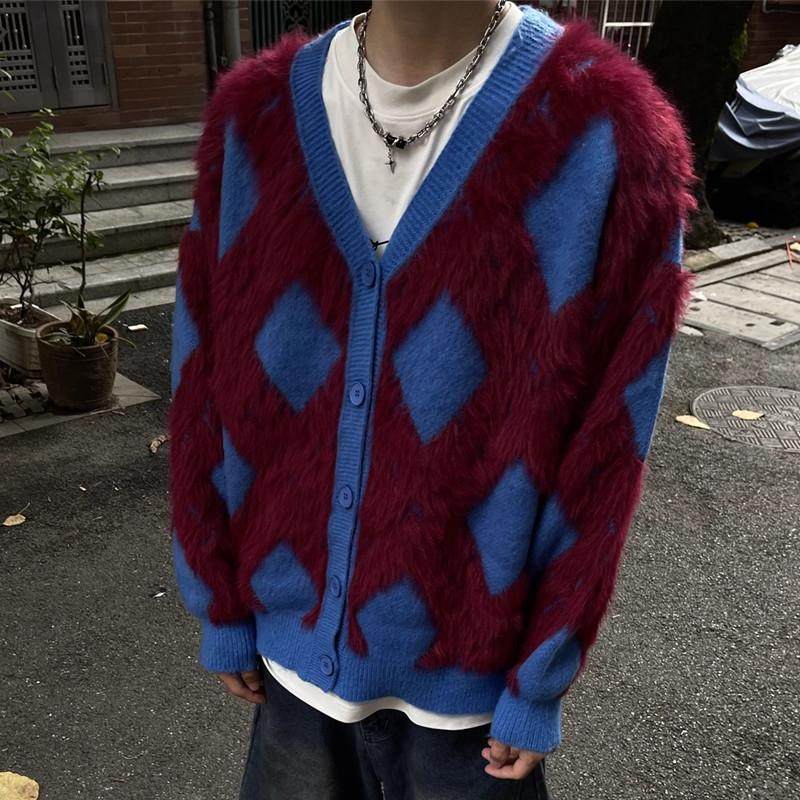 复古学院慵懒风撞色菱形开衫毛衣