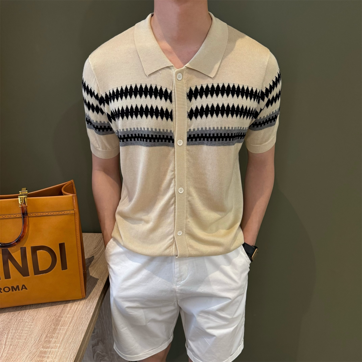 费尔岛提花针织开衫薄款短袖男夏季穿搭老钱风POLO领修身半袖上衣