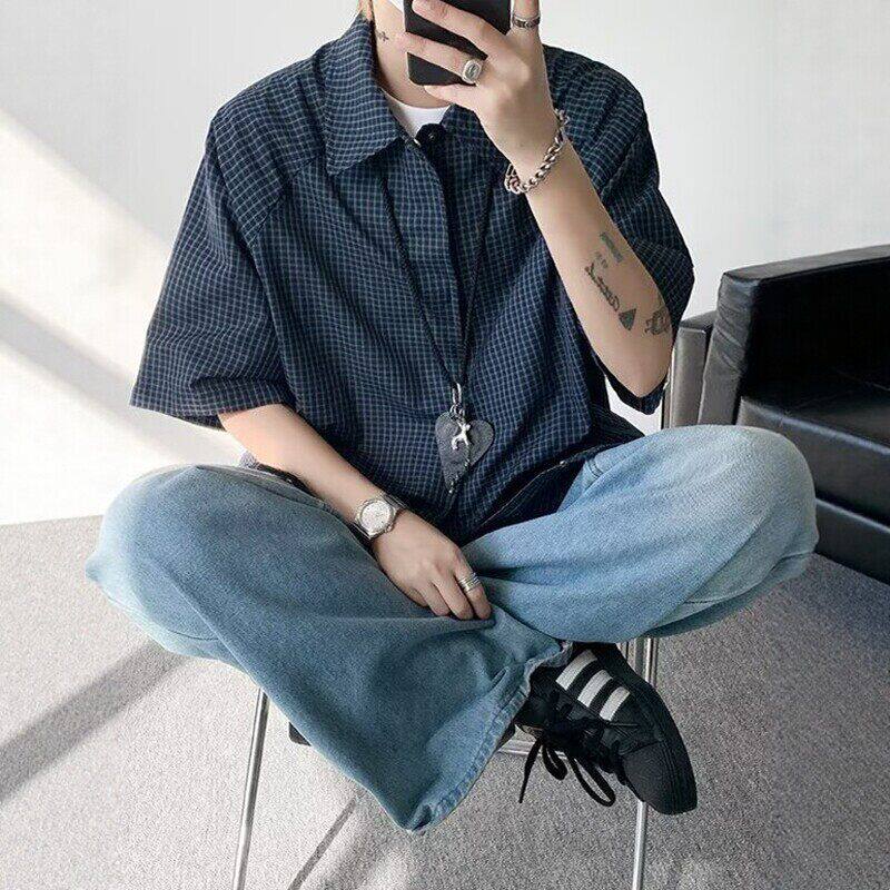 下摆抽绳格子短袖衬衫上衣男款夏季日系复古潮流宽松半袖衬衣外套