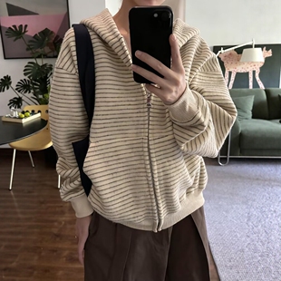 条纹毛呢卫衣外套男女款秋冬重磅连帽开衫美式复古高级感情侣上衣