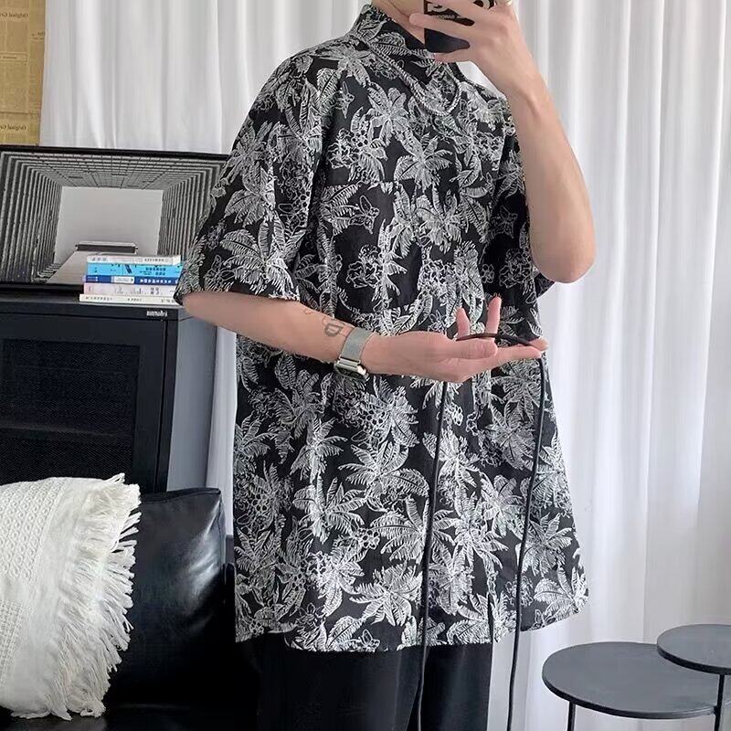 日系复古花卉满印短袖衬衫男