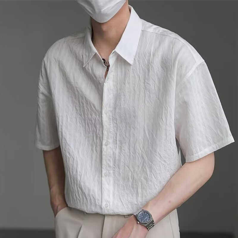 海上公路高级感轻奢风条纹短袖衬衫男夏季休闲简约痞帅五分袖衬衣