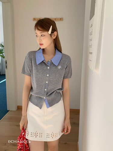 SY韩系新款时尚高品质翻领格子拼接假两件设计感polo短袖针织衫