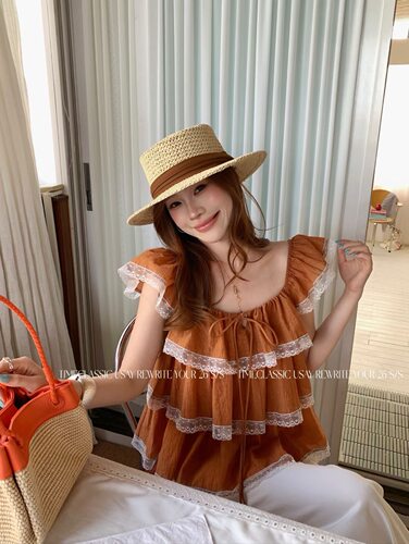 SY韩系新款时尚高品质甜美蕾丝花边层层可一字领荷叶上衣度假风女