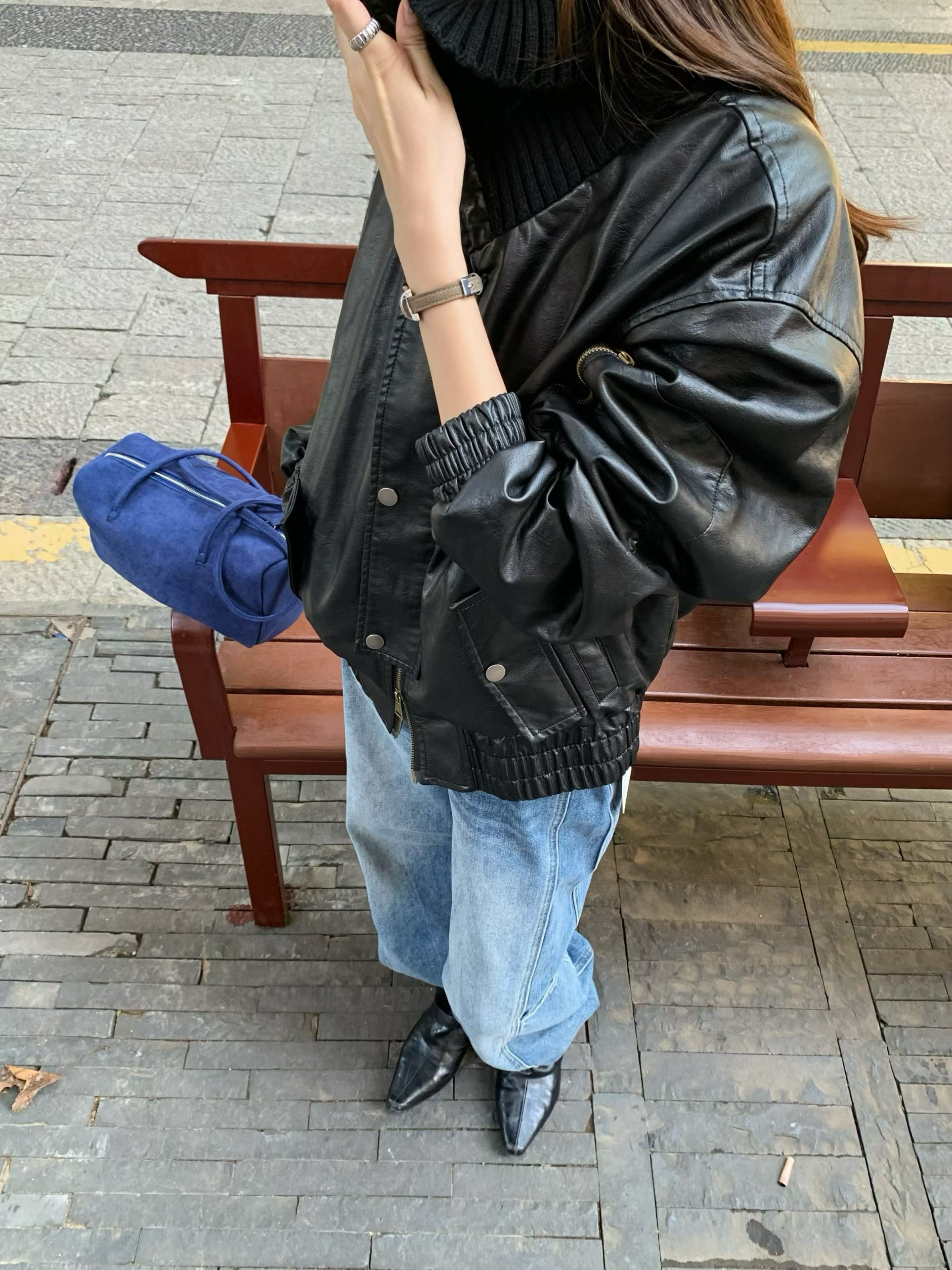 韩系新款时尚高品质针织拼接翻领长袖加厚皮衣外套女休闲夹克大衣