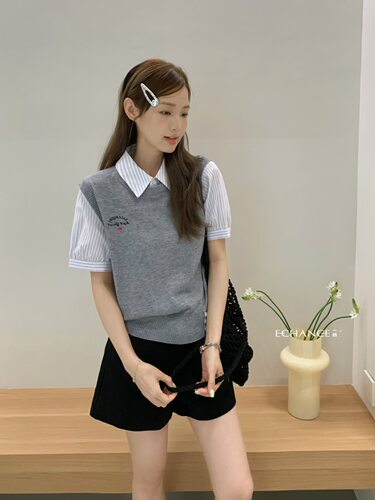 SY韩系新款高品质翻领条纹衬衫领拼接假两件针织衫女T恤上衣潮
