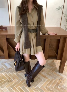 SY韩系新款时尚设计感小众翻领长袖衬衫高腰裙摆短裙配披肩连衣裙