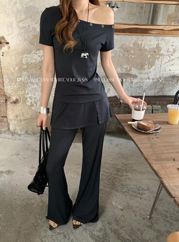 SY法式新款时尚高品质斜肩短袖T恤女修身显瘦屁帘裤设计感套装女