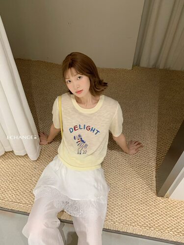 SY韩系新款时尚高品质圆领刺绣字母卡通冰丝薄针织衫T恤上衣女
