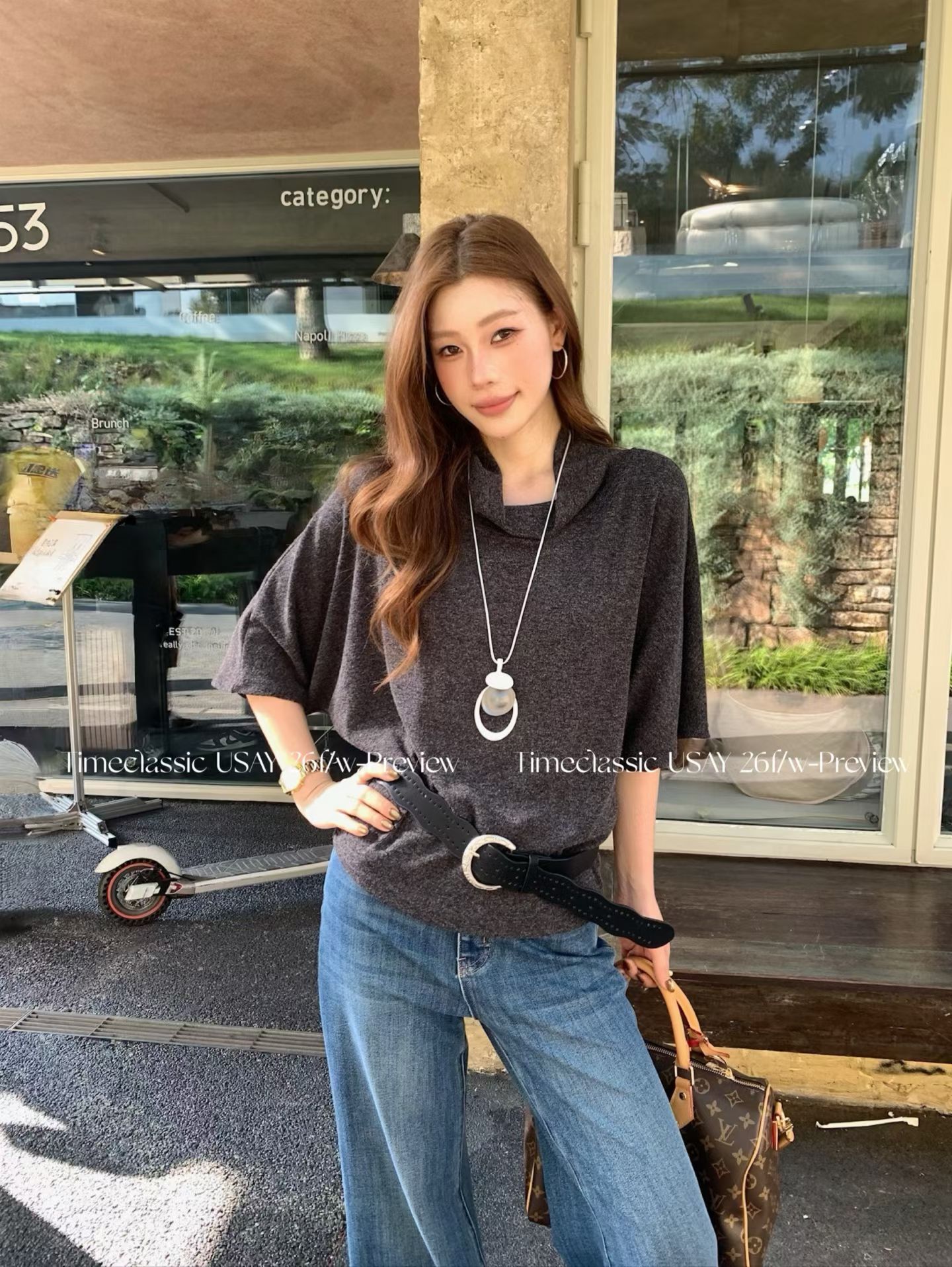 SY韩系新款时尚高品质设计感蝙蝠袖舒适宽松上衣搭配腰带其中打底