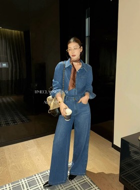 SY韩系新款时尚设计感翻领牛仔简约衬衫高腰显瘦休闲直筒长裤套装