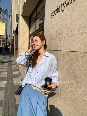 SY韩系新款时尚高品质翻领宽松休闲V领老钱风衬衫简约上衣潮