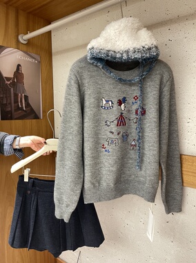SY韩系新款时尚松弛赶软糯高品质圆领卡通刺绣针织衫毛衣上衣女
