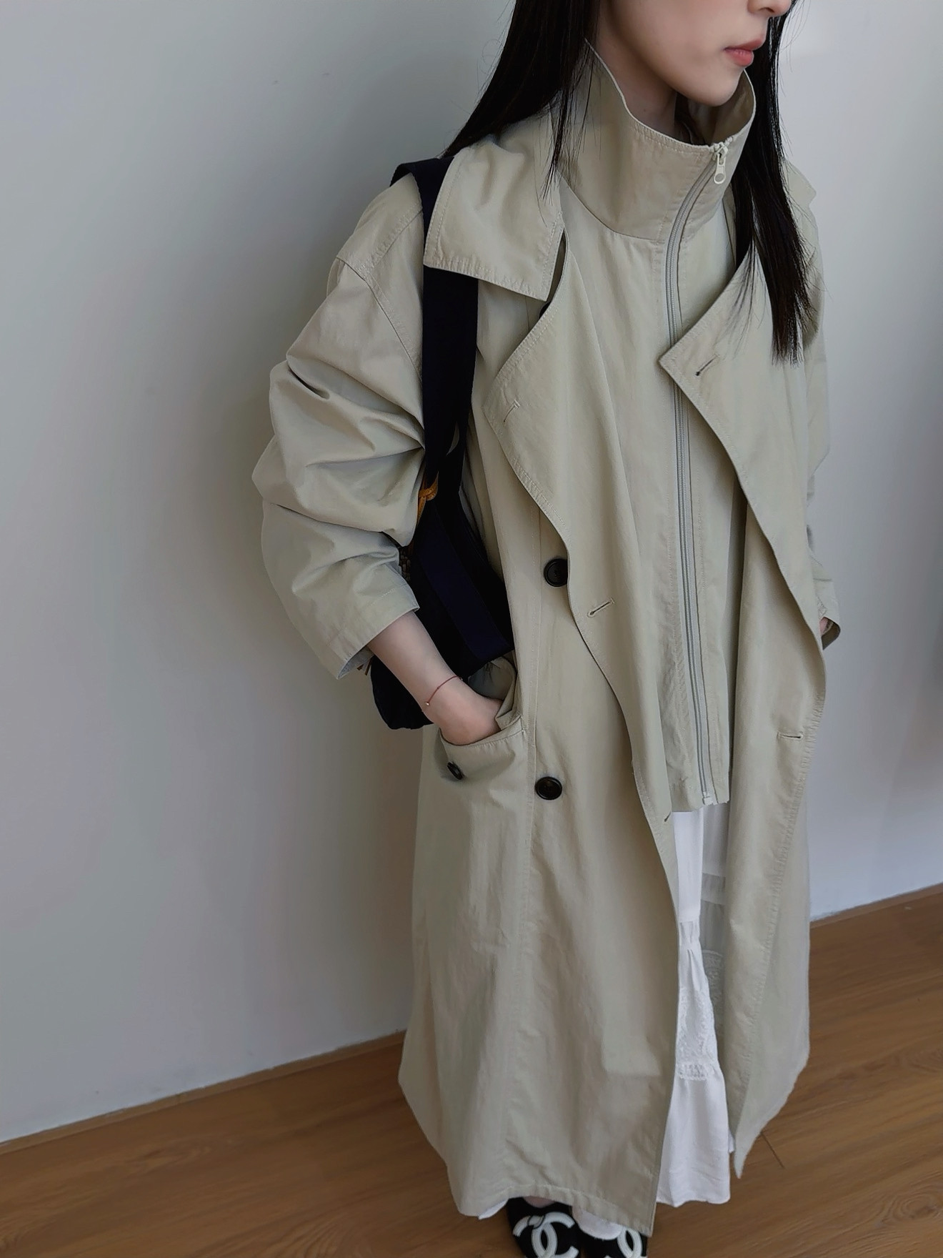 SY韩系新款时尚高品质双排扣翻领宽松休闲纯色长袖风衣外套女