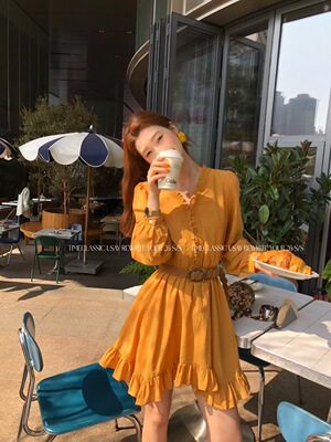 SY韩系新款时尚高品质木耳边V领收腰系带显瘦连衣裙女气质短裙女