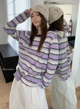 SY韩系新款时尚高品质圆领撞色条纹宽松休息女T恤甜美精致上衣