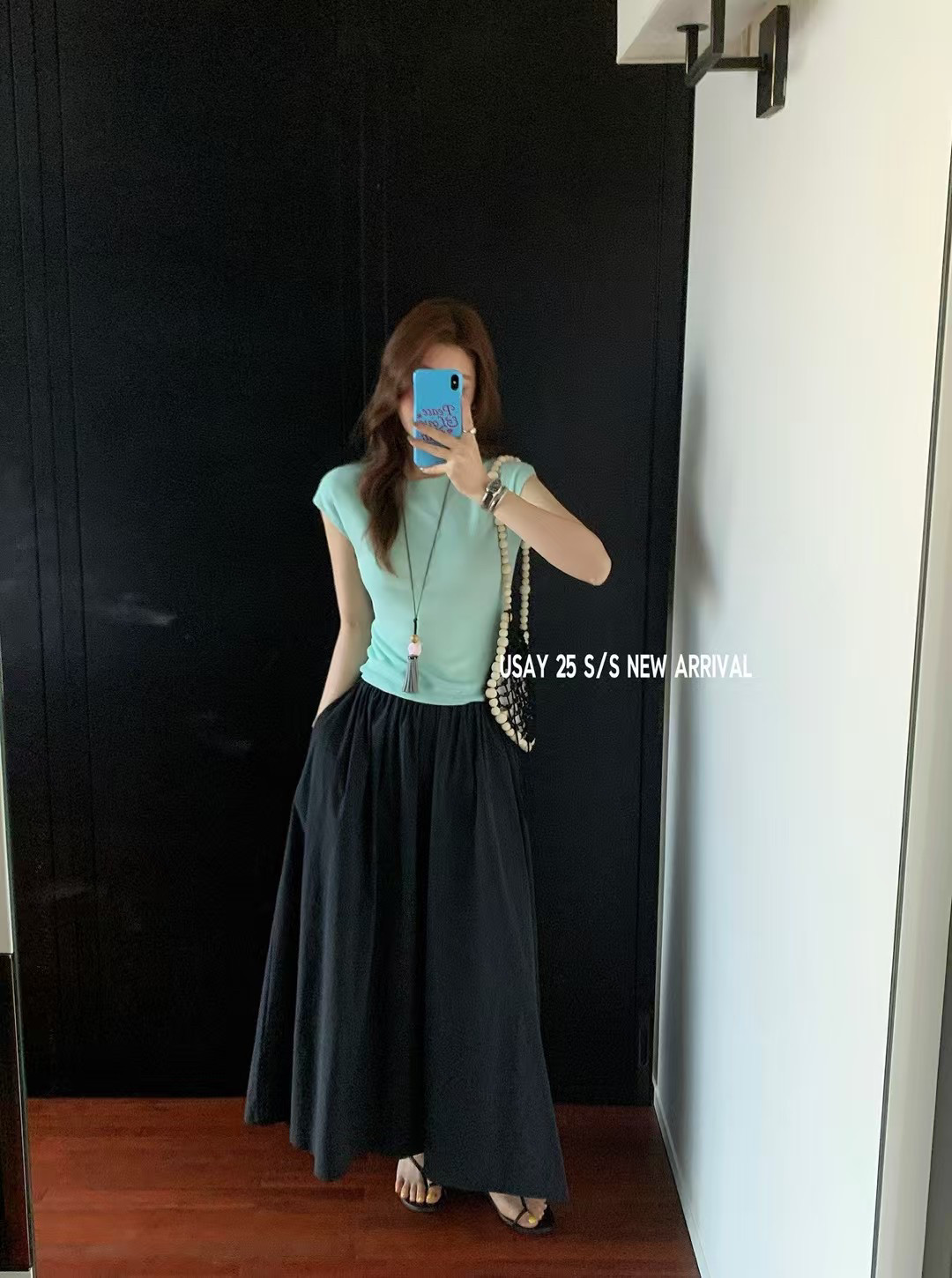 韩系新款时尚设计感小众露背修身圆领短袖上衣高腰伞裙气质套装女