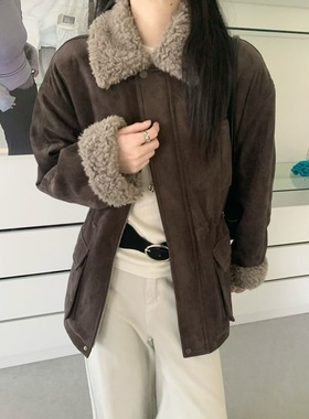 SY韩系高品质翻领羊羔毛拼接麂皮绒里面毛毛可抽绳收腰保暖外套女