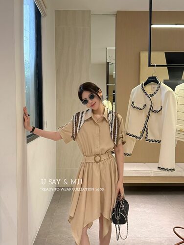 SY韩系新款时尚高品质设计感小众翻领收腰显瘦衬衫连衣裙带丝巾女