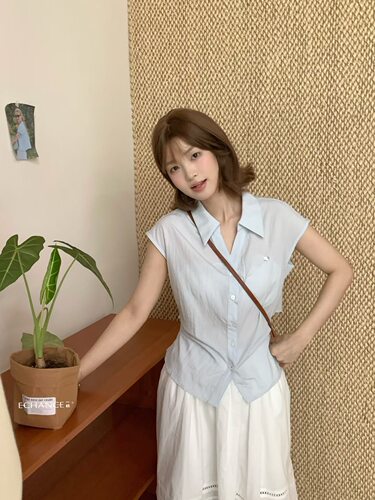SY韩系新款时尚高品质翻领短袖衬衫甜蜜小清新后系带收腰上衣小衫