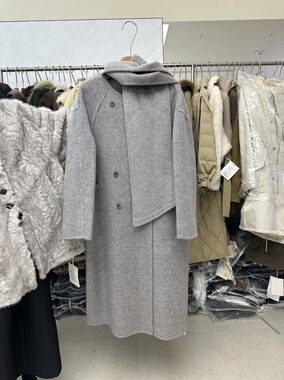 SY法式新款时尚高品质带围巾双排扣气质毛呢羊绒保暖外套大衣女