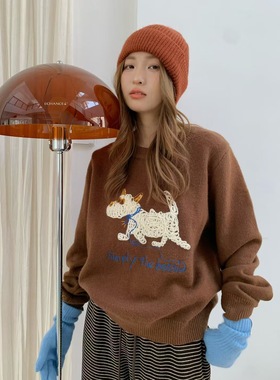 SY韩国新款时尚设计感圆领刺绣卡通针织衫小个子精致打底毛衣小衫